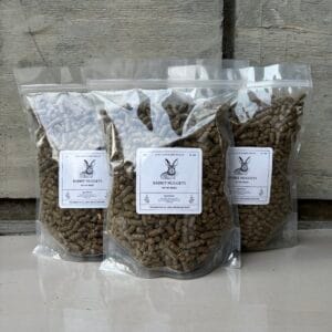 Rabbit pellets for rabbits of all ages and sizes in a stand up pouch.